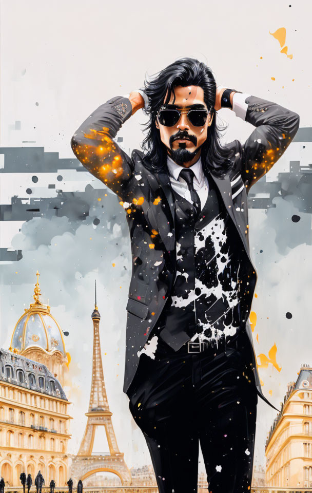 Stylized digital artwork of a man in a black suit with Paris landmarks and paint splashes