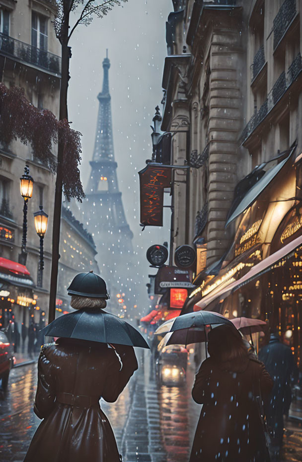 Pair walking with umbrellas near Eiffel Tower in wintry Paris scene