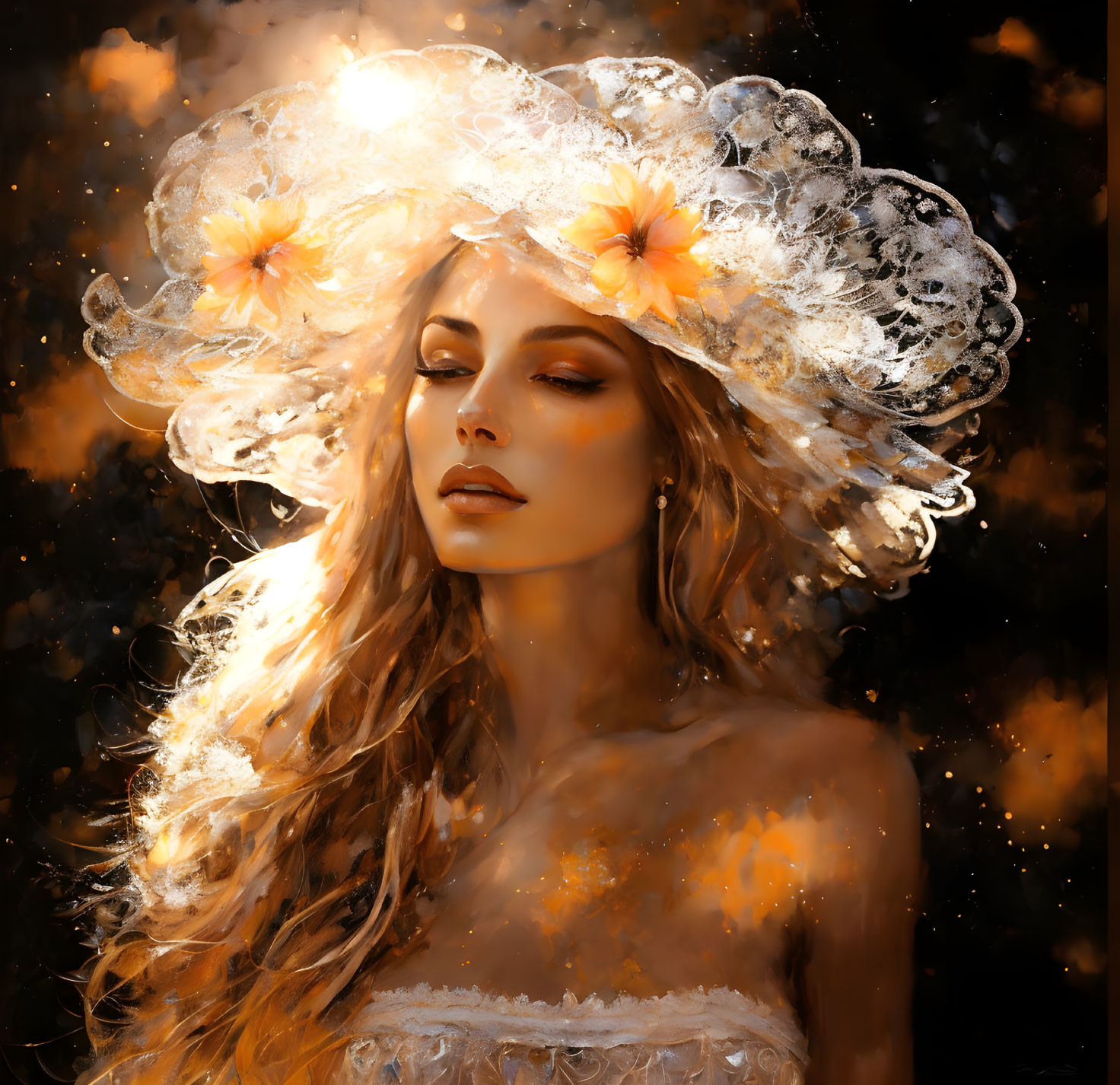 Blonde woman with lace hat and yellow flowers in warm, golden glow