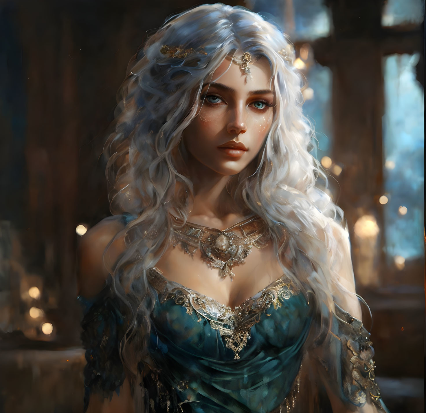 Fantasy artwork of woman with wavy white hair and blue dress