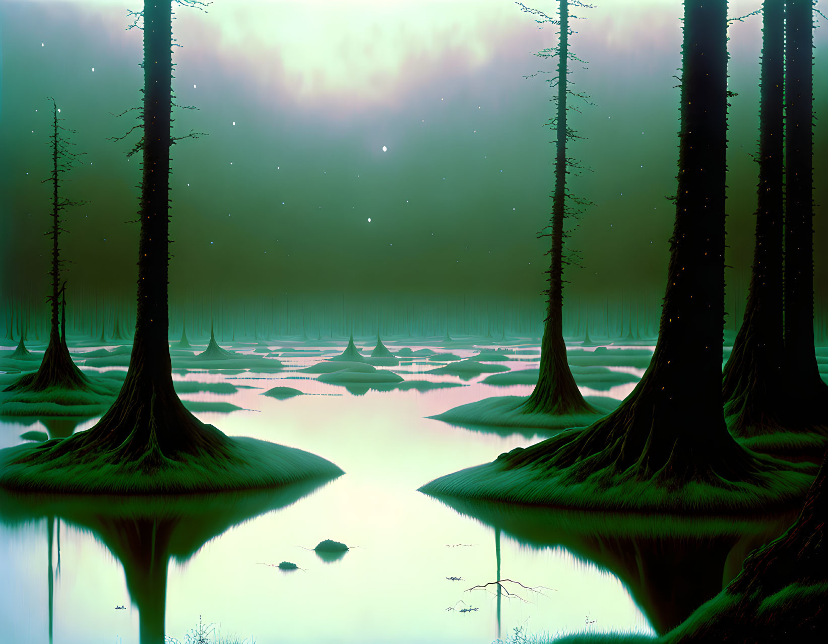 Swamp landscape with tall trees on islands under a starry sky