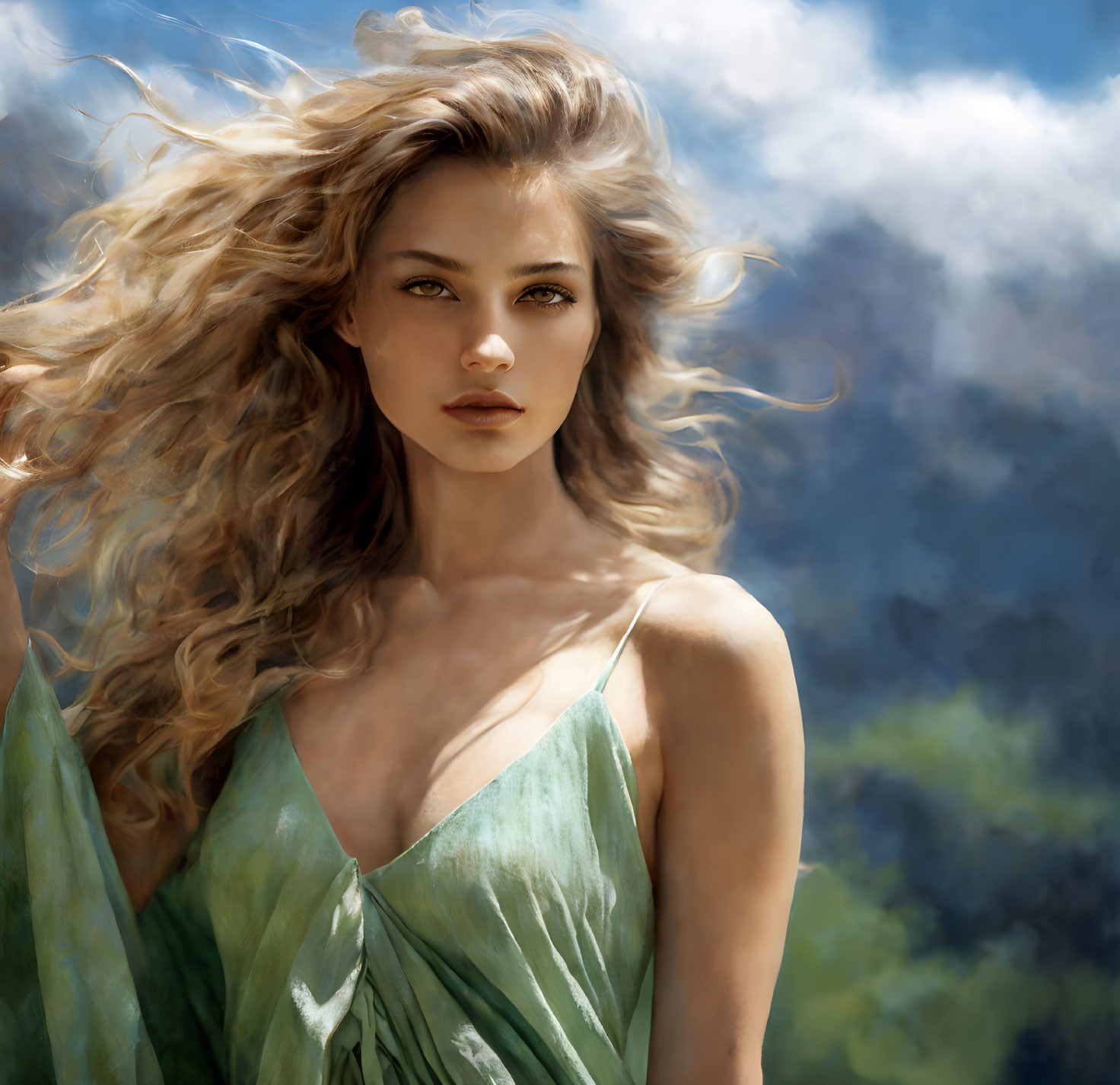 Blonde woman in green dress under cloudy sky