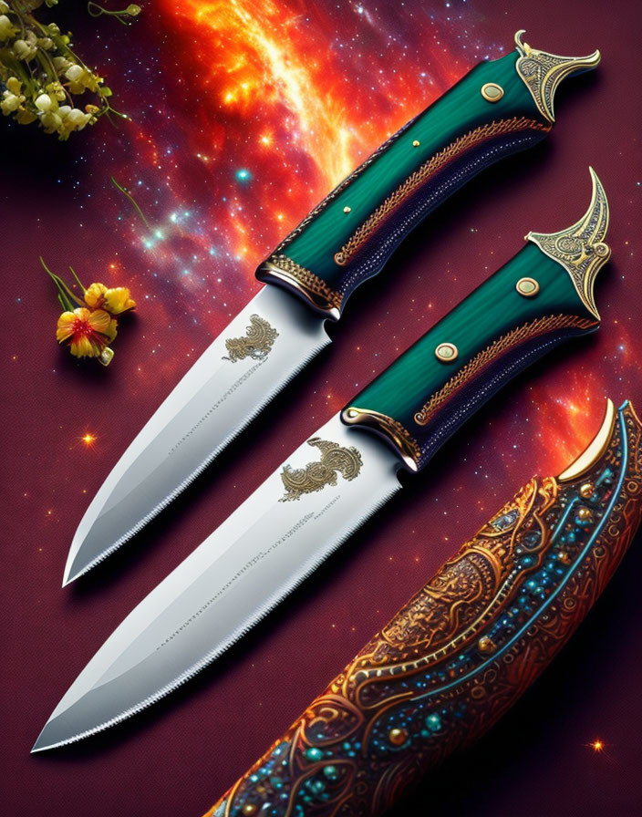 Ornate knives with decorative hilts and etched blades on cosmic floral background