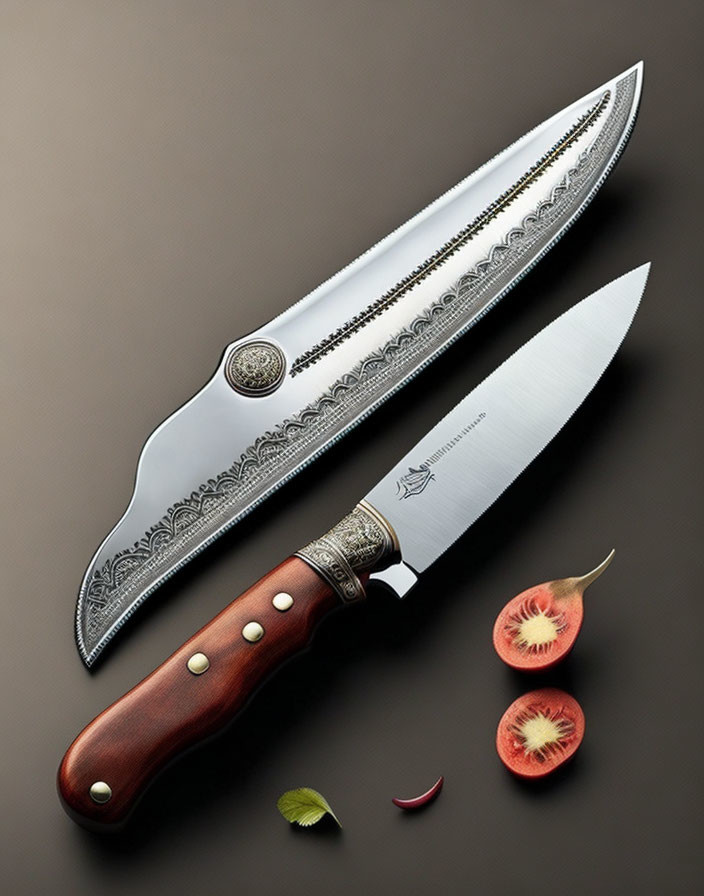 Intricately designed decorative knives on dark background with wooden handle and etched blade, next to