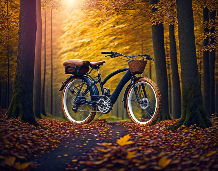 Bicycle with basket on leaf-strewn forest path in autumn