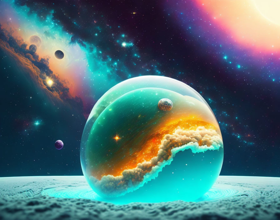 Surreal cosmic scene with reflective sphere and fiery landscape