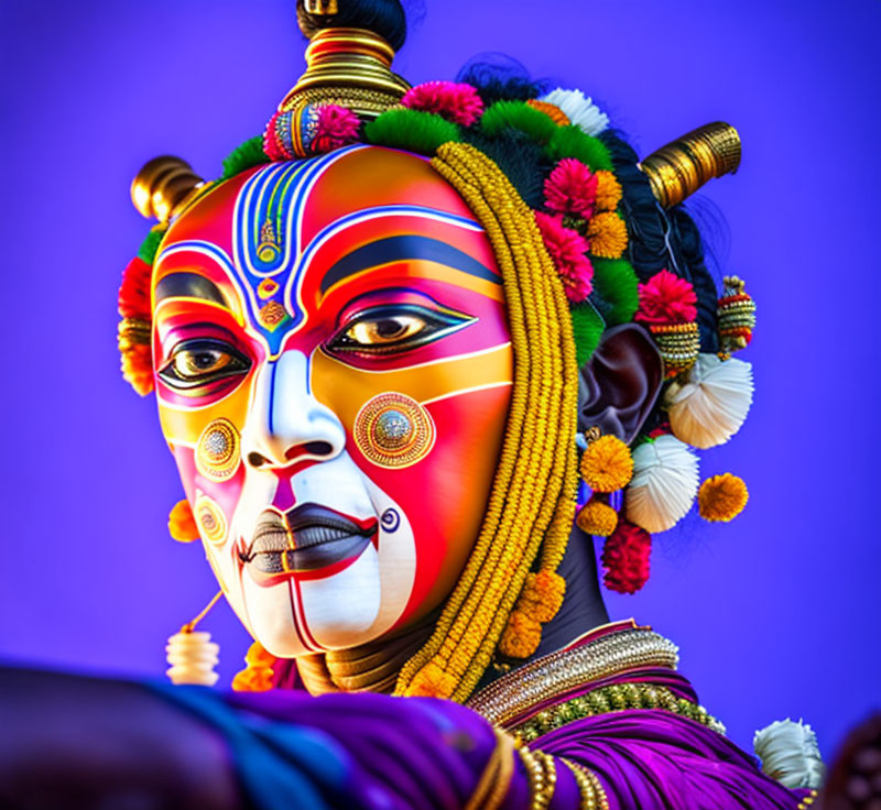 Vibrant Kathakali Makeup and Costume on Person Against Blue Background