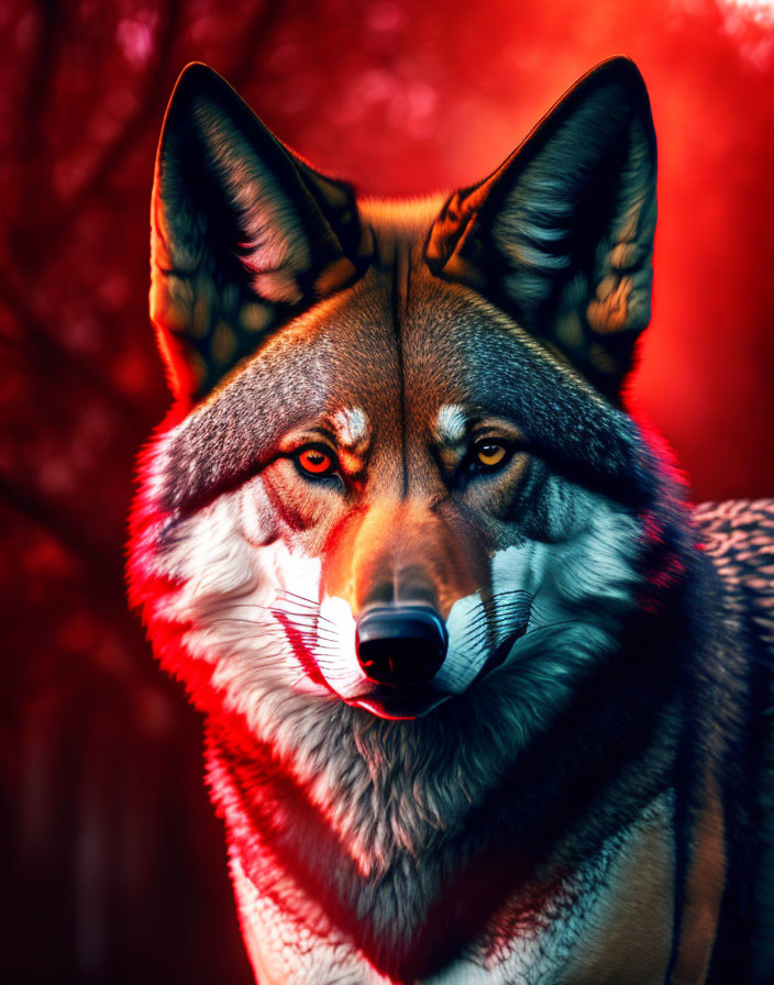 Hyper-realistic digital illustration of majestic wolf with vibrant red and orange hues.