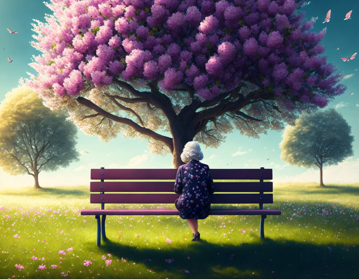 Elderly person on park bench admiring vibrant purple blossoms on sunny day