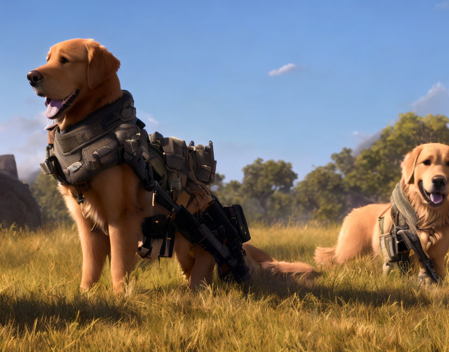 Two golden retrievers in grassy field with futuristic harness.