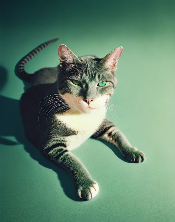 Grey and White Cat with Green Eyes on Green Background