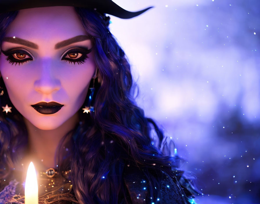 Woman in dark makeup with hat holding candle on mystical purple background