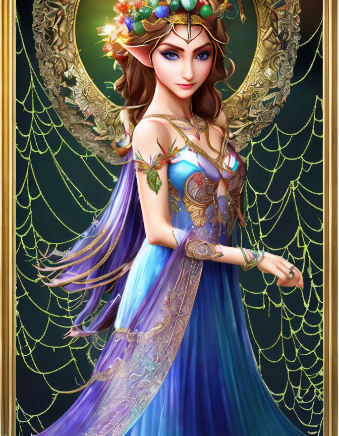 Fantasy figure with ornate wings and flower crown in blue gown