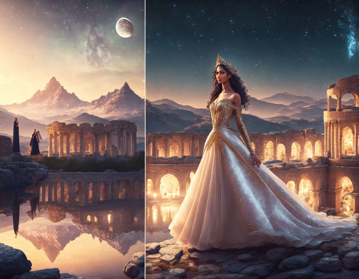 Two people in different landscapes: woman in gold dress by ruins, person by mountain and lake.