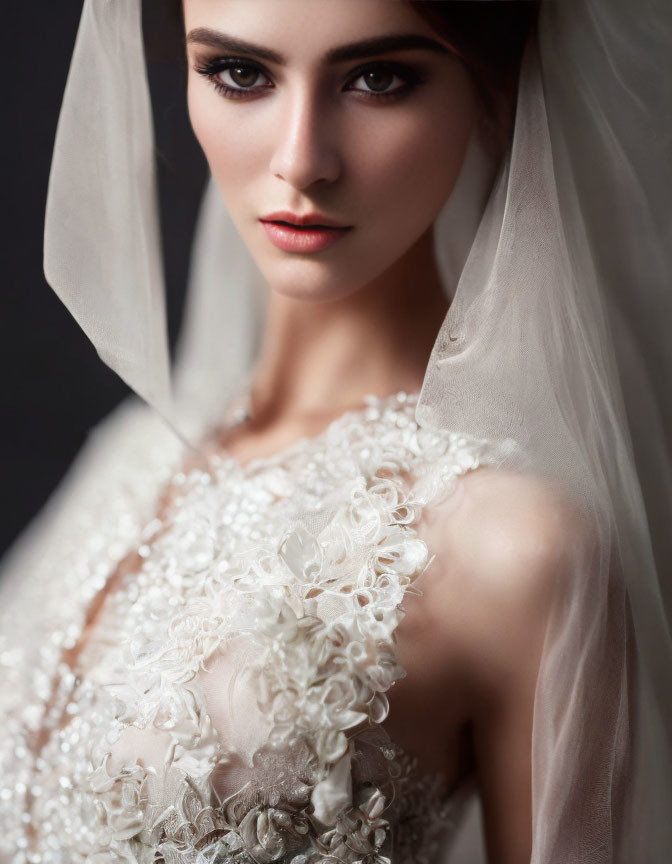 Detailed wedding gown and veil on bride with elegant makeup and poised demeanor