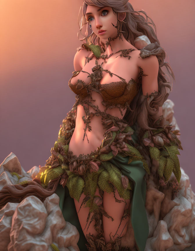 Fantasy female character in nature-themed 3D art