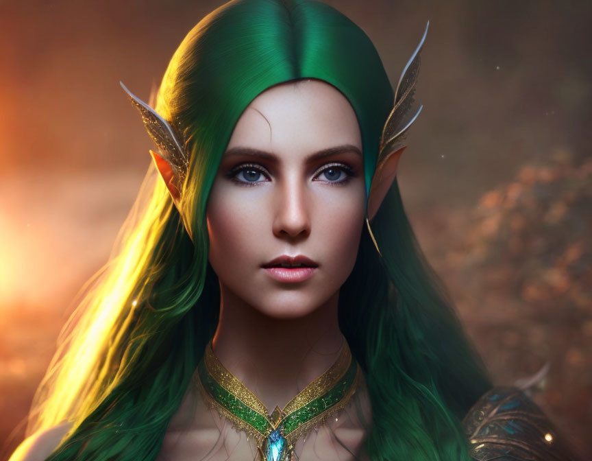 Female Elf Portrait with Pointed Ears, Blue Eyes, Green Hair, and Golden Tiara on