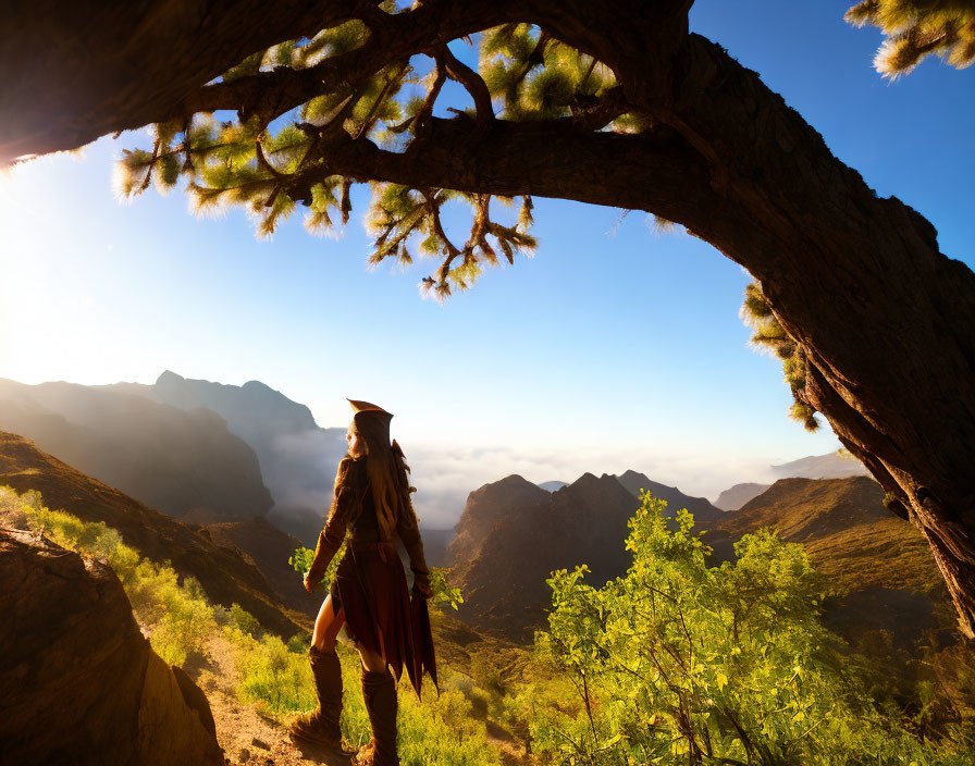 Person in hat admires mountain landscape with clouds in valleys