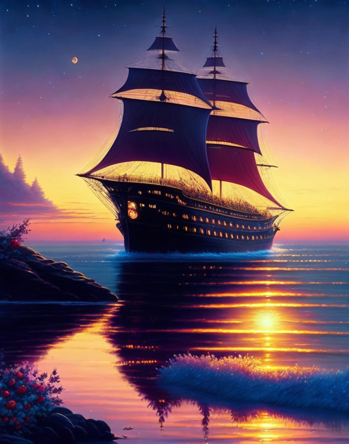 Majestic sailing ship with illuminated sails on tranquil sea at sunset