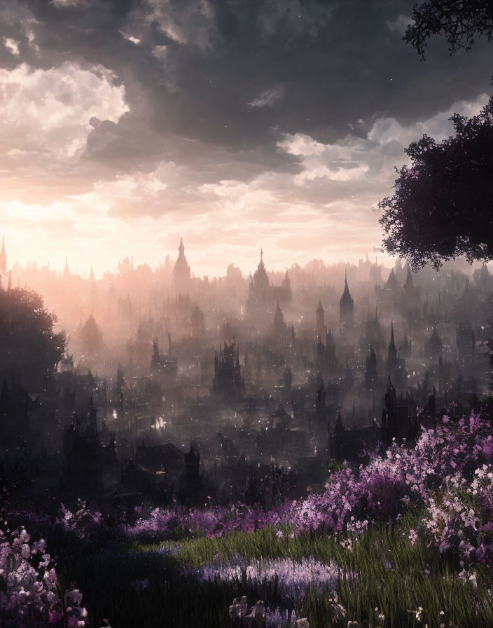 Cityscape at Dawn: Silhouetted Spires, Cloudy Sky, Purple Flowers