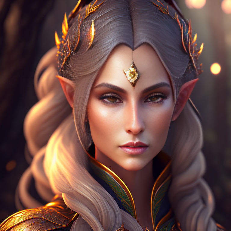 Fantasy elf woman digital portrait in autumn armor amid mystical forest