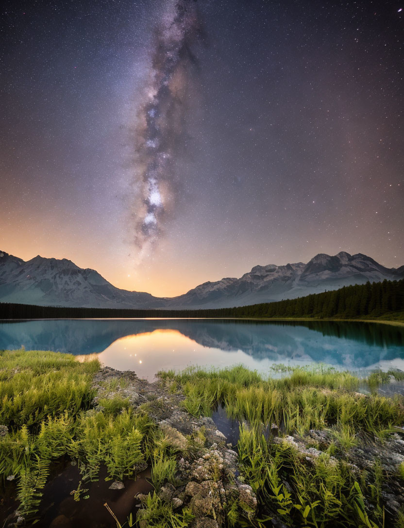 Serene lake with Milky Way reflected, mountains and greenery.