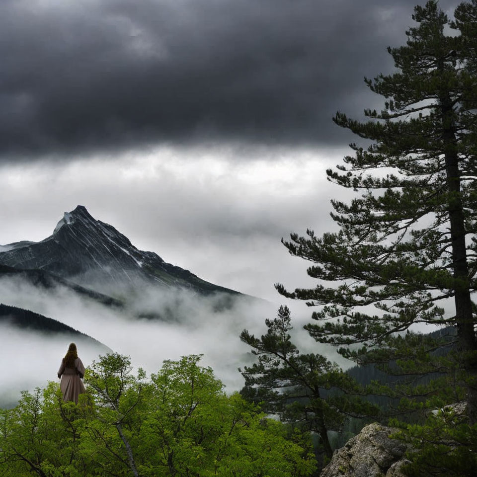 Mysterious figure in cloak gazes at misty mountain landscape