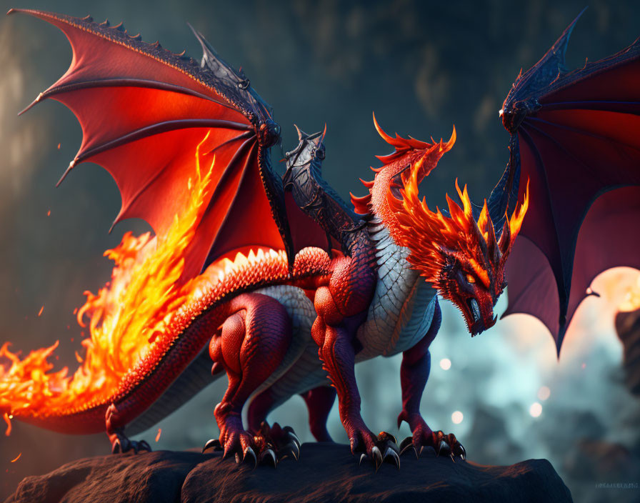 Majestic red dragon with spread wings on rock under night sky