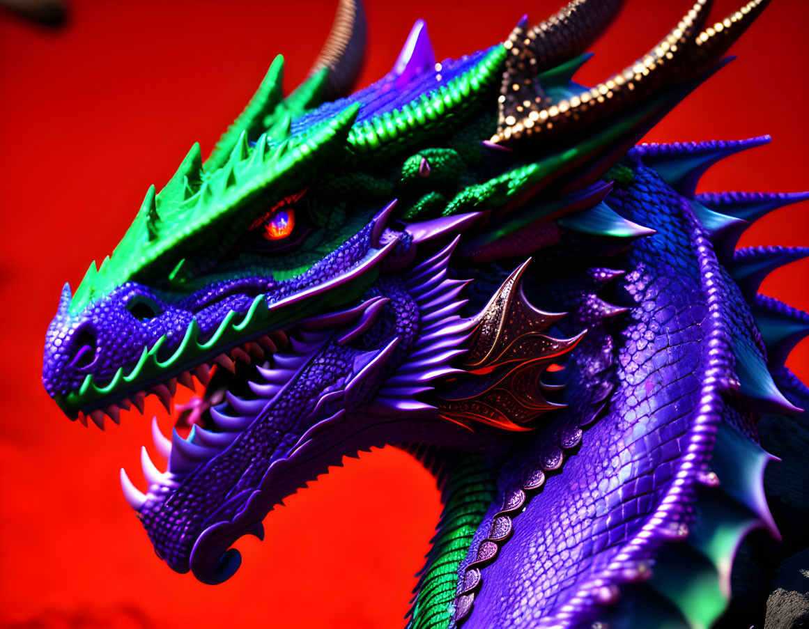 Detailed Blue Dragon Model with Green Eyes on Red Background