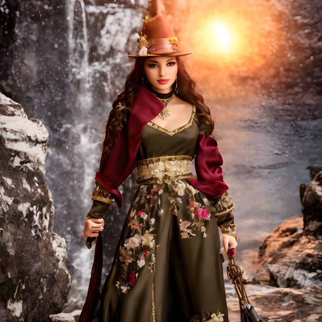 Historical woman in elegant dress by glowing waterfall