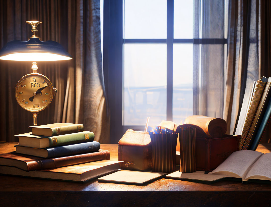 Cozy reading nook with stacked books, open book, lamp, clock, and curtains.