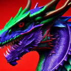 Detailed Blue Dragon Model with Green Eyes on Red Background