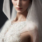 Detailed wedding gown and veil on bride with elegant makeup and poised demeanor