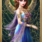 Fantasy figure with ornate wings and flower crown in blue gown