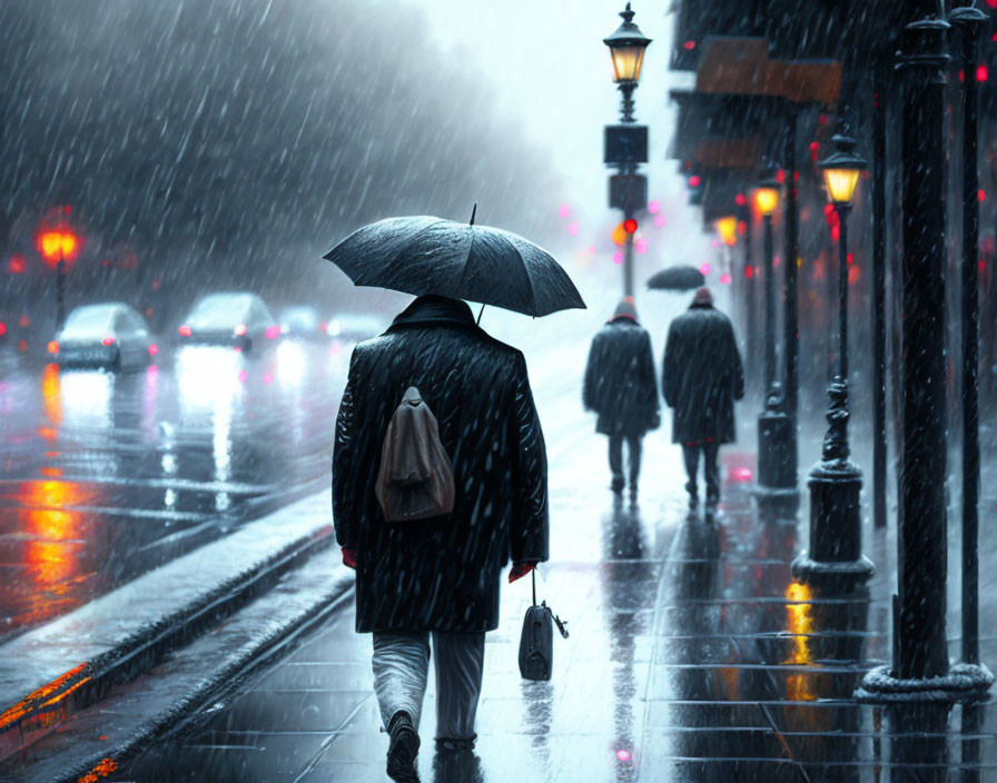 Pedestrian with umbrella on rainy city street at night.