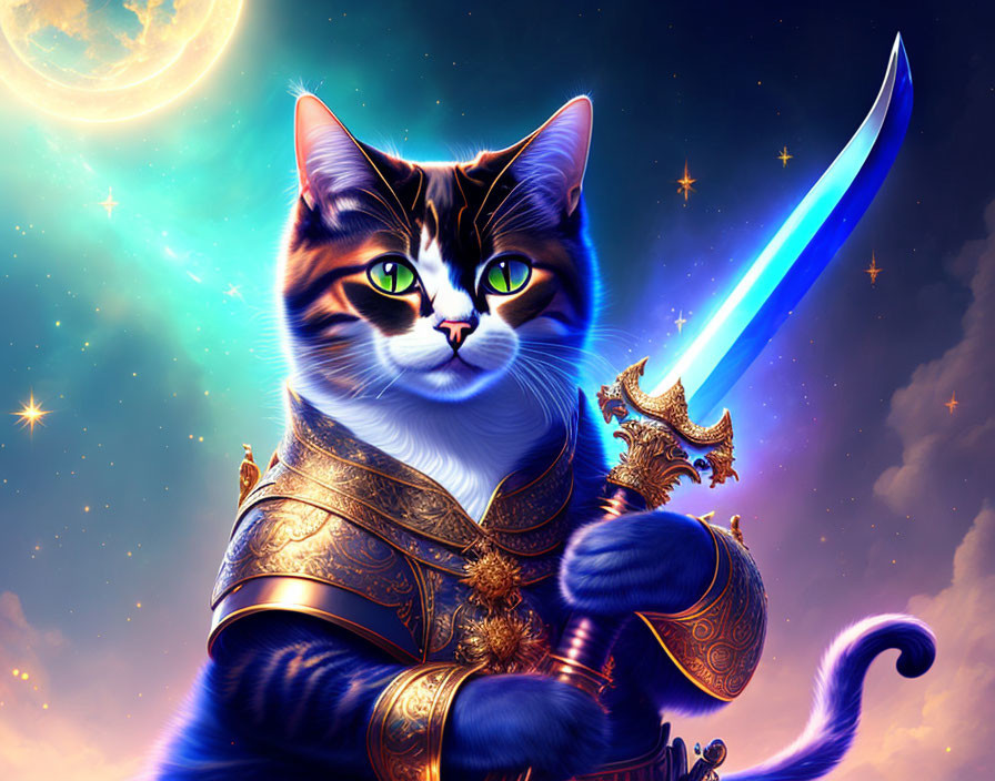 Cat in ornate armor wields glowing blue sword against cosmic backdrop