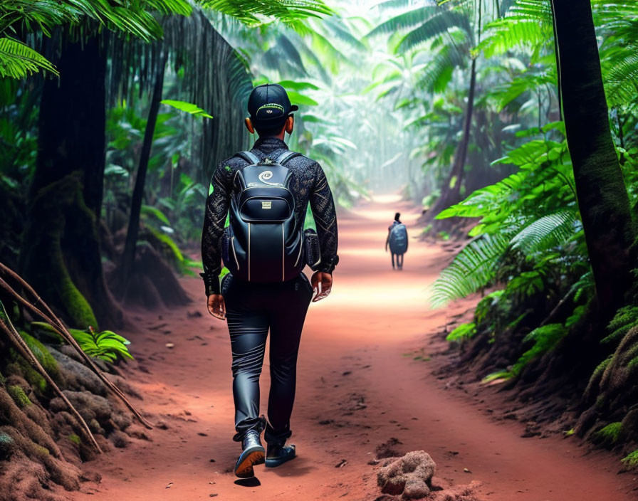 Athletic person in cap walking on misty forest trail