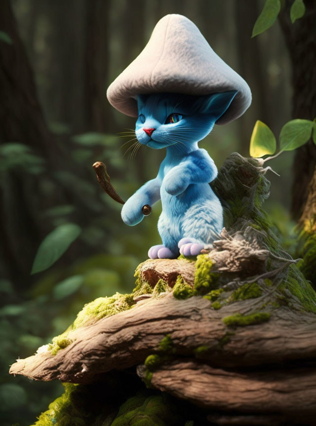 Blue creature with mushroom cap guarding eggs on forest stump