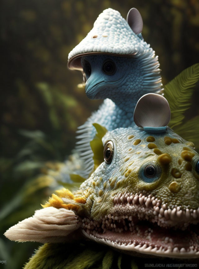 Stylized reptilian bird creatures in textured nature setting