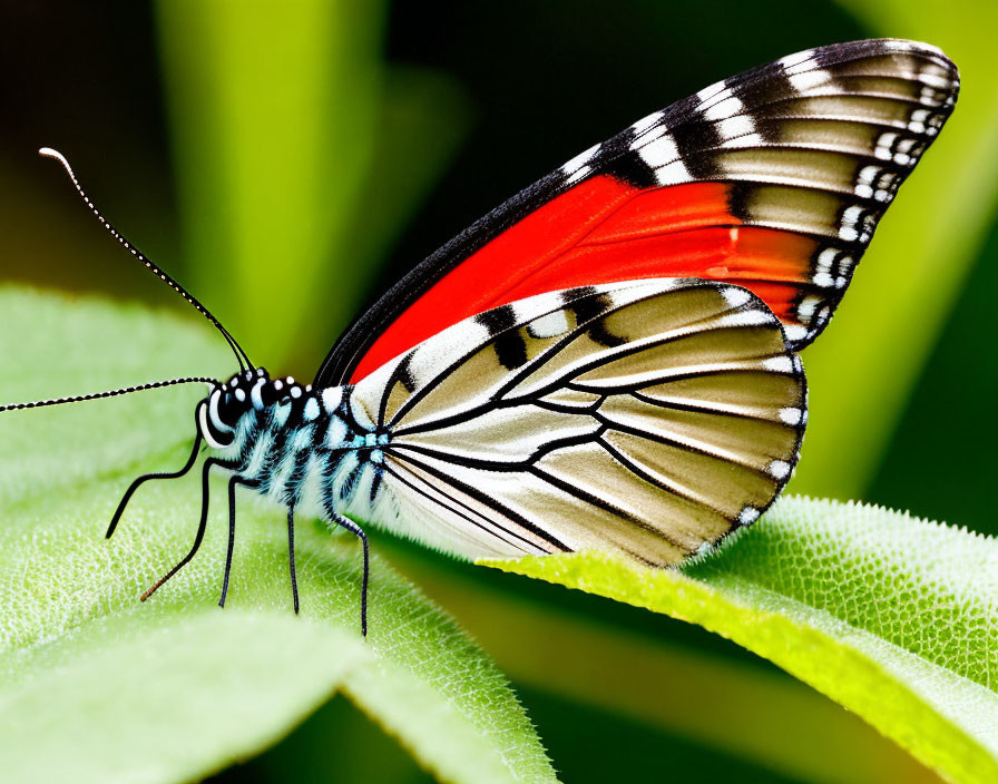 Colorful Butterfly with Red, Black, and White Wings on Green Leaf