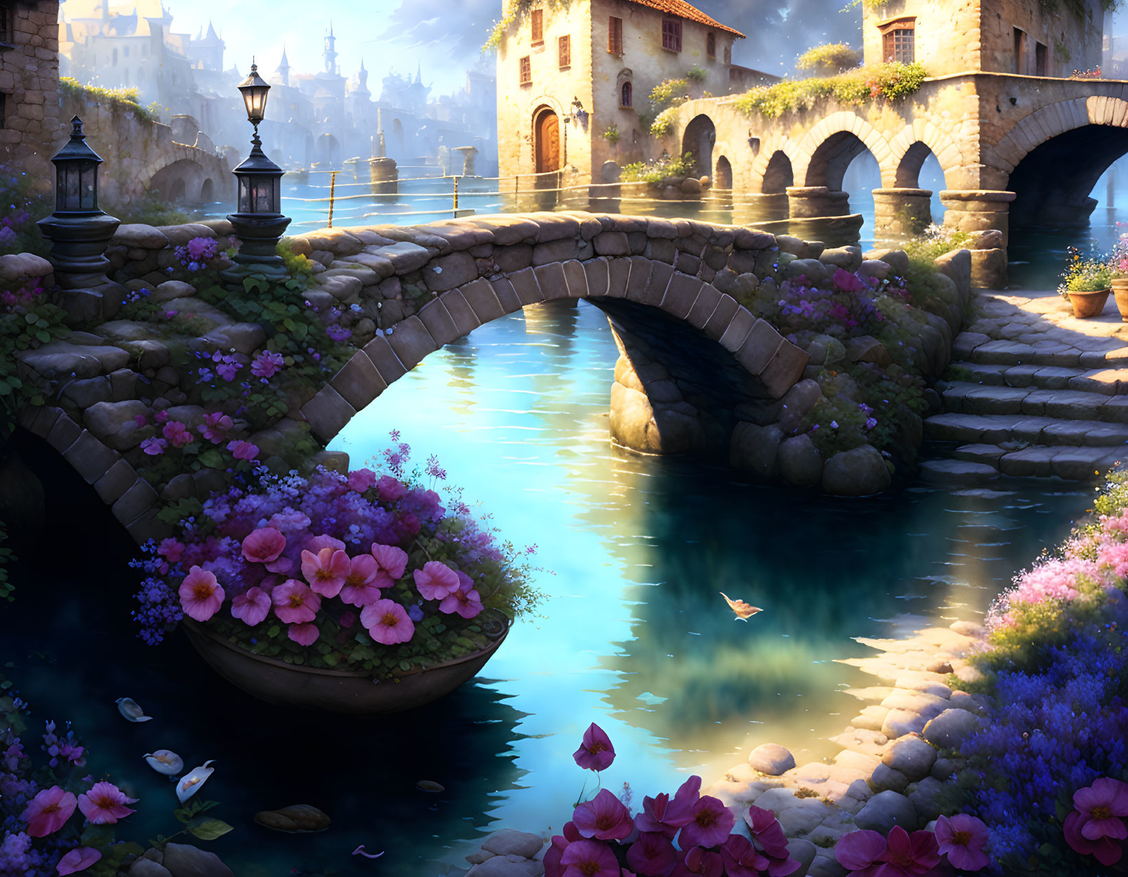 Tranquil river scene with stone bridge and lush flora