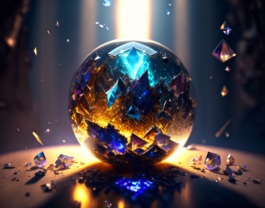 Luminescent crystal ball with blue and gold inclusions on mystical background