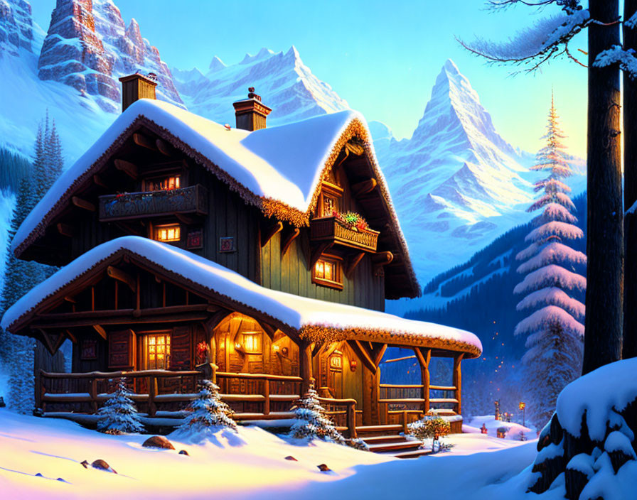 Snow-covered cabin in winter landscape with pine trees and mountains at twilight