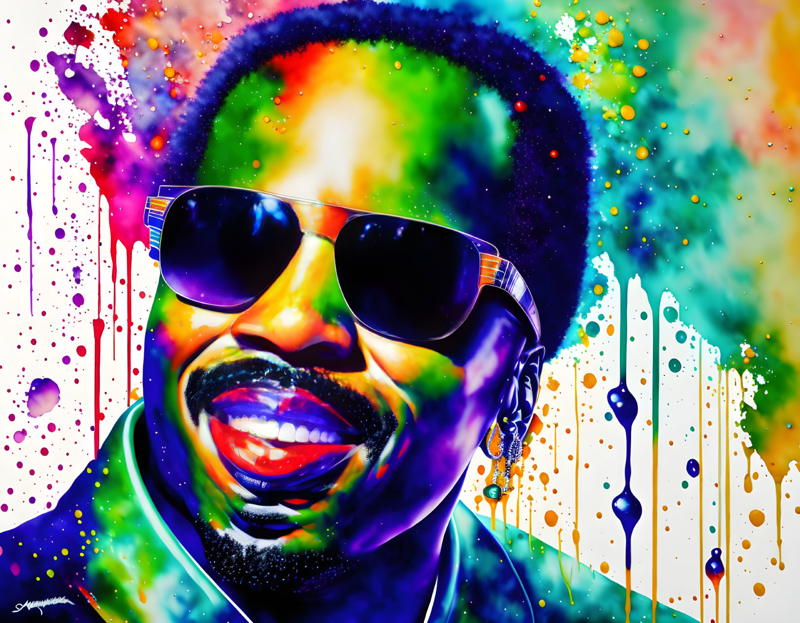 Colorful portrait of a man with sunglasses in vibrant abstract background