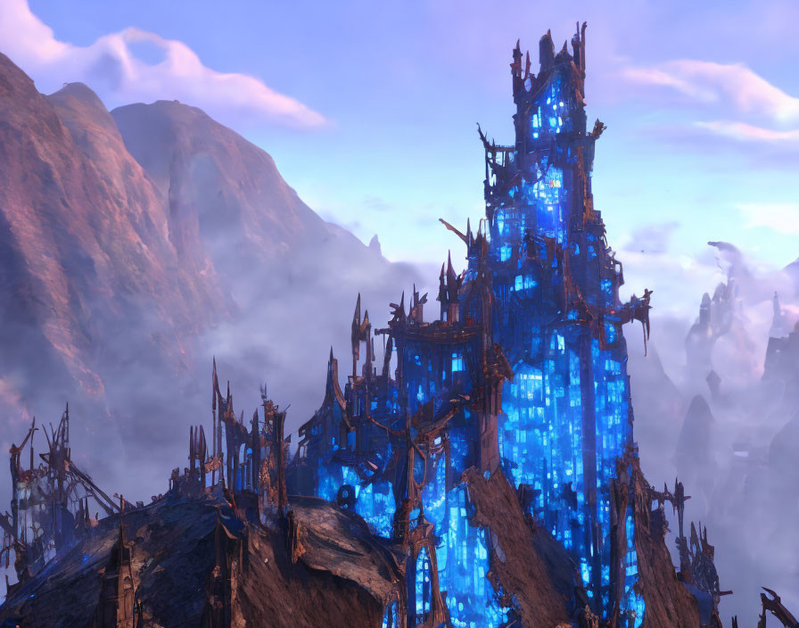 Mystical blue crystal fortress in mountainous landscape