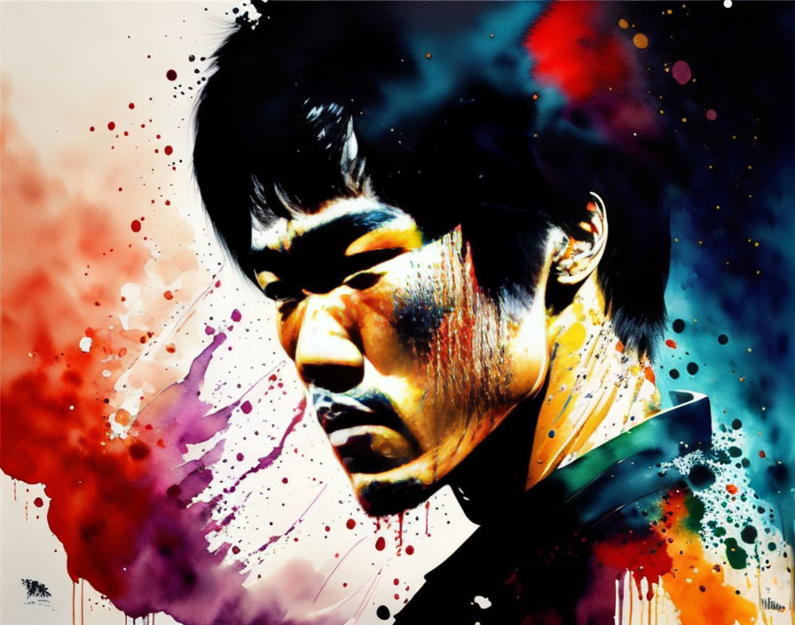 Colorful Watercolor Painting of Intense Man's Face