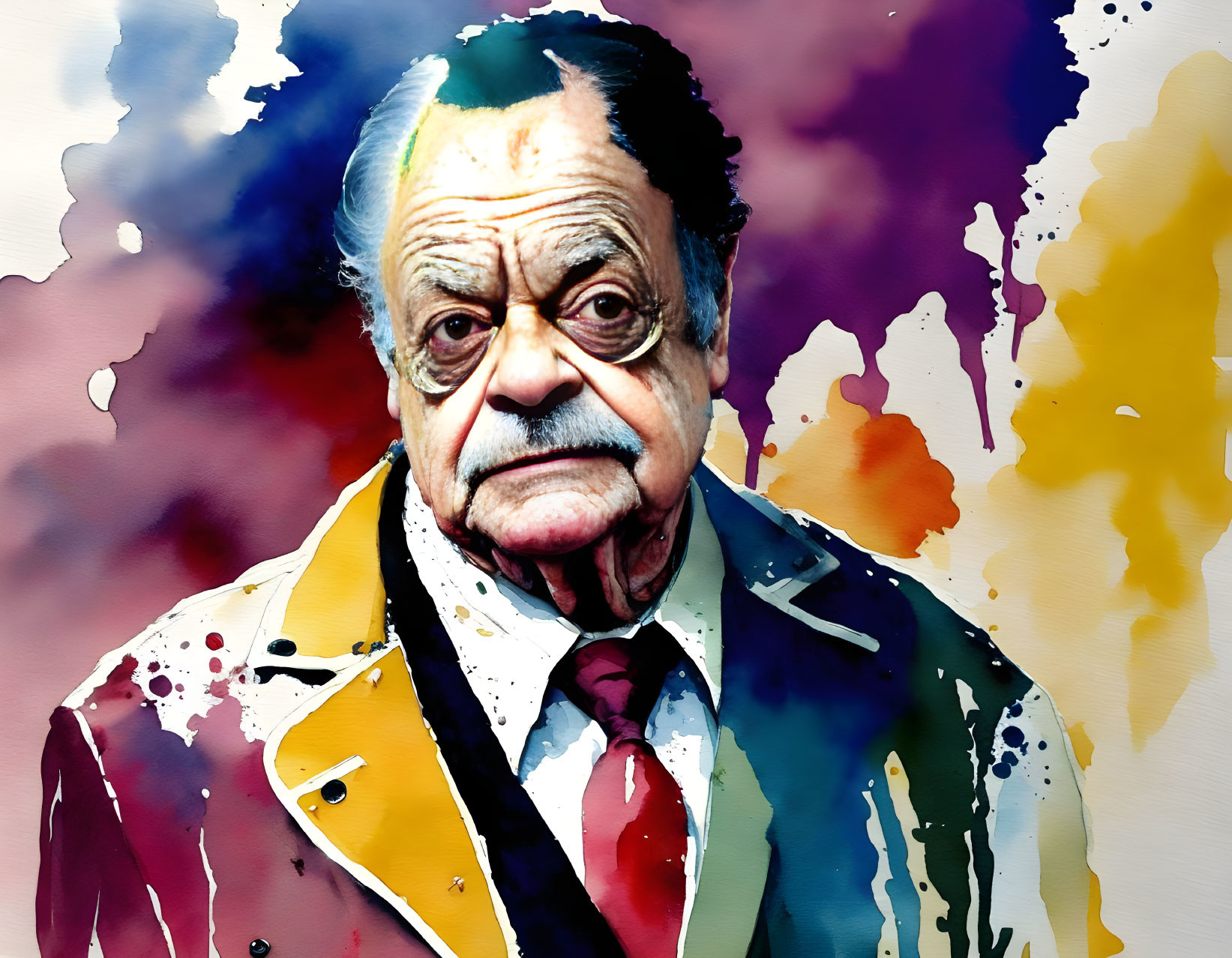 Elderly man in suit and overcoat against vibrant watercolor backdrop