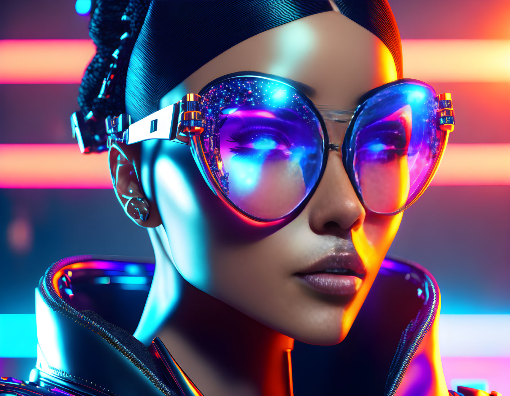 Futuristic female figure in oversized reflective sunglasses