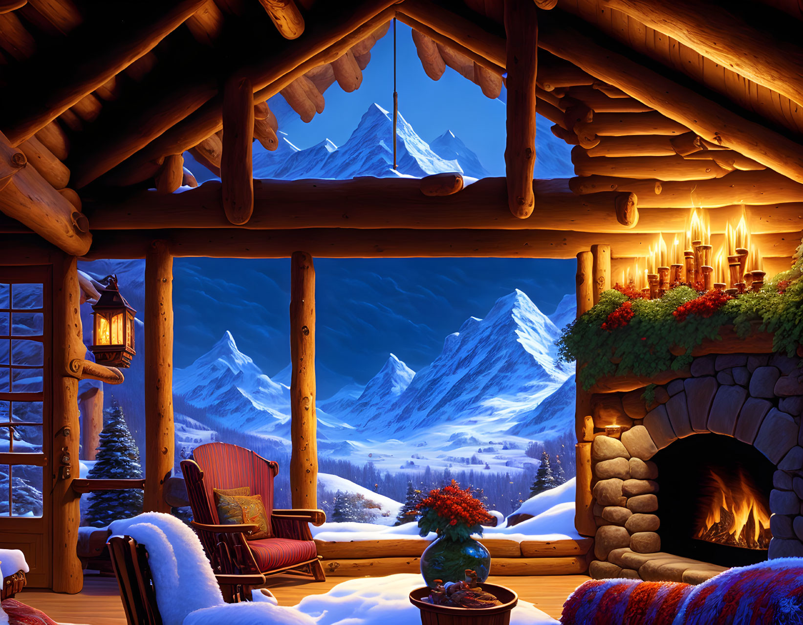 Warm Cabin Interior with Fireplace, Chairs, Snowy Mountain View