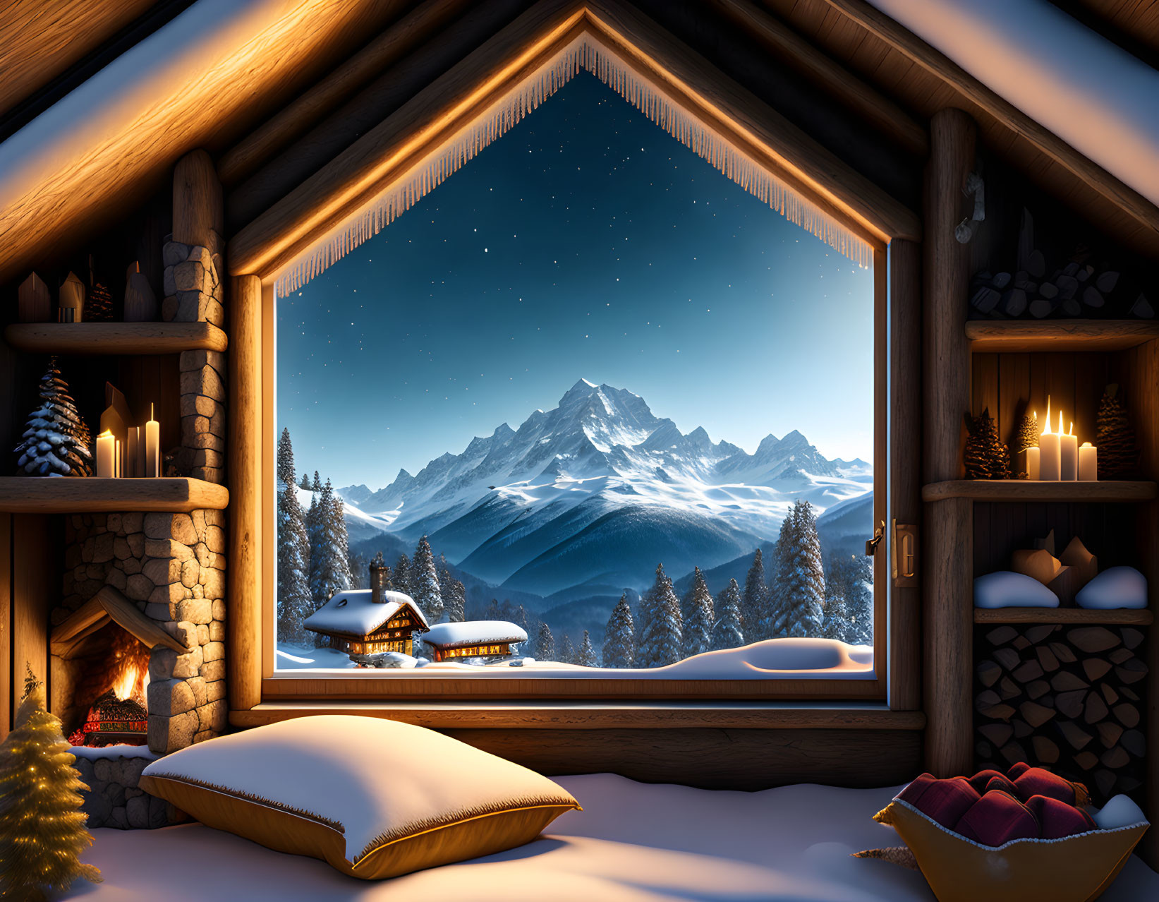 Snowy Mountain View Through Cabin Window: Winter Landscape with Fireplace